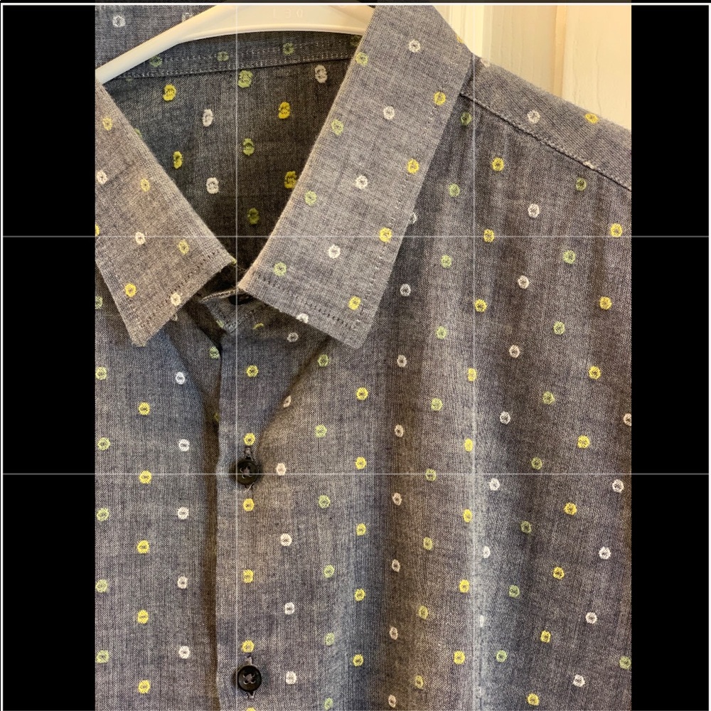 Cotton blue grey shirt yellow green woven dots 16 - Picture 3 of 8